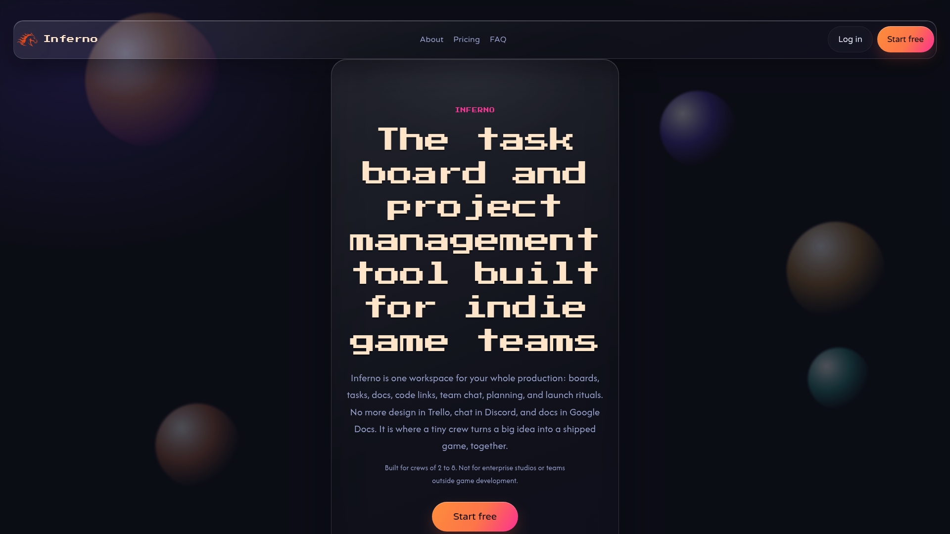 The Inferno homepage: the task board and project management tool built for indie game teams